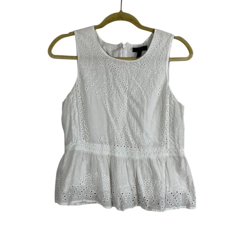 J. Crew Eyelet Silk Ruffle Peplum Tank Top White 10P‎ Preppy Coastal Chic Resort